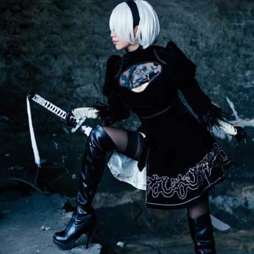 Velvet NieR Automata YoRHa No.2 Type B Cosplay Costumes 2B Uniforms Dress + Headband + Eye Patch + Gloves + Stockings