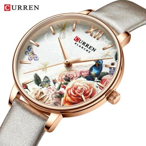 Curren Beautiful Flower Design Watches Women Fashion Casual Leather Wristwatch Ladies Watch Female Clock Womens Quartz Watch