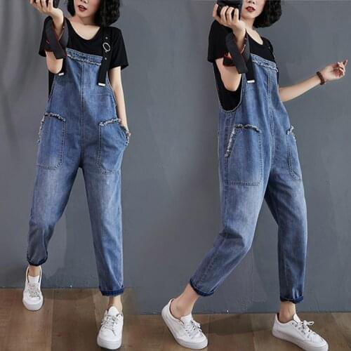 Bib Denim Overalls Women casual Big pocket Cowboy Jumpsuits Suspenders High Waist jeans Plus Size Blue Basic Jean Overalls