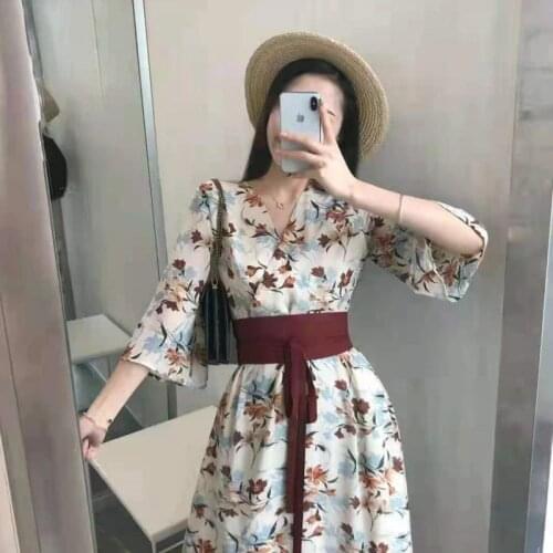 Summer Chiffon Dress 2021 New Half Sleeve V-Necl Floral Print Slimming Waist Bandage Casual Dresses Vestidos Mujer