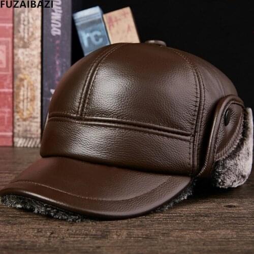 FUZAIBAZI Genuine Leather Men Winter First Layer Cowhide Baseball Cap Bone Earmuffs Thicken Warm Caps Outdoor Motion New 2021