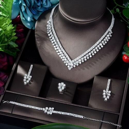 HIBRIDE Shinning Pave CZ Dubai Jewelry Sets 2020 Women Wedding Zirconia Leaf Design Copper 4pcs Jewelry Set collier mariag N-896