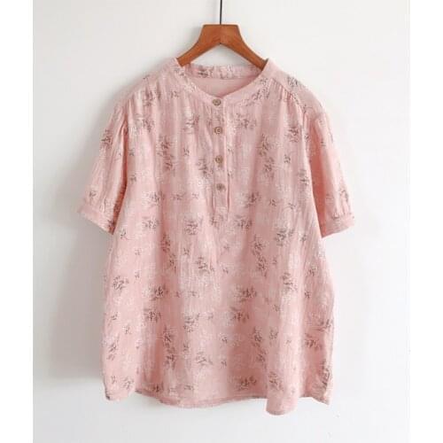 Small Broken Flower Printed Cotton Blouse Breathable Summer New Temperament Collar Double Female Short-Sleeved Cotton Shirt