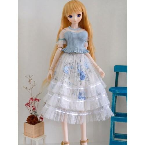 BJD Doll Clothes Blue Short-Sleeve Top + White Printed Lace Dress 2-Piece Set suit 1/3 1/4 DDM/DDL/MSD Custom Doll Accessories