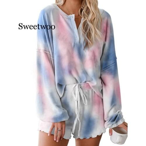 Tie-dye Pajamas Female Summer 2020 Most New Comfortable Breathable Long-sleeve Wood Ear Side Tracksuit Suit Two-piece Ladies