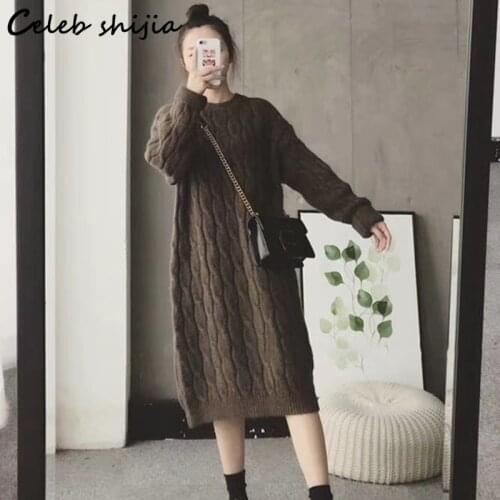 SHIJIA Apricot Long Sweater Dress Woman Autumn Winter 2021 Knitted Dress Vestido Korean O-neck Long-sleeve Knitwear Fall