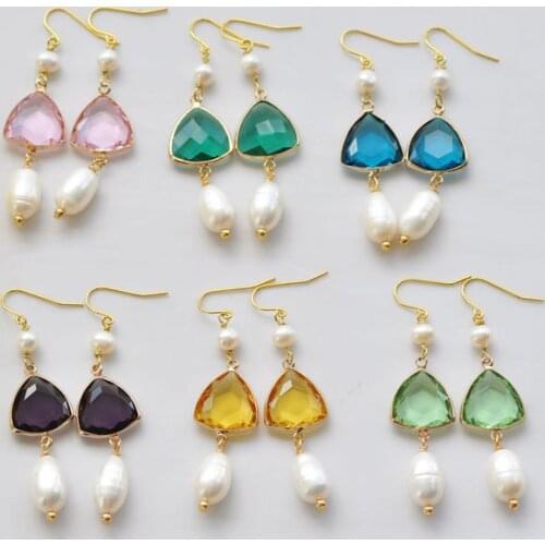 D0439 Trigon Faceted Clean Crystal White Rice Pearl Dangle Earring