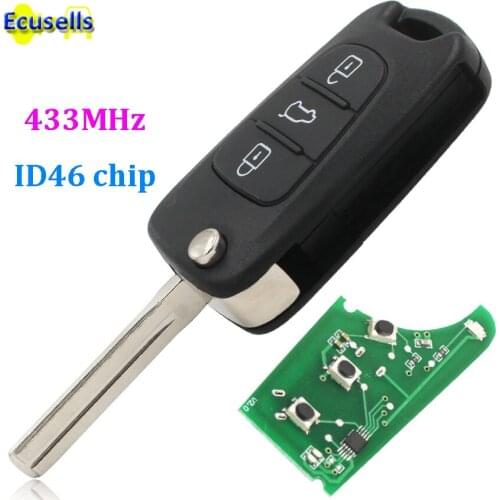 10PCS/LOT Flip folding remote key fon 433MHZ for Hyundai i20 ix35 3 button with id46 chip complete key TOY40 uncut