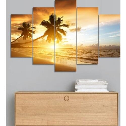 Moderan Unframed Sunset sandy beach Palm picture print canvas wall art Seascape photo painting home decorative 5 pieces