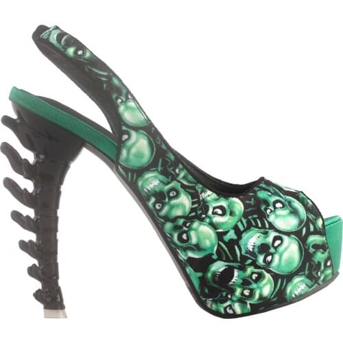 LF80675 SHOW STORY Punk Peeptoe Two Tone Skull Sling Back Platform Bone Heel Pumps