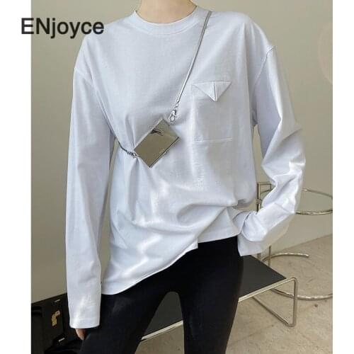 Women Triangle Pocket Long Sleeve T-shirt 2021 Spring Basic White Tee Cotton Tshirt Tops Korean Style Casual Round Neck Clothes