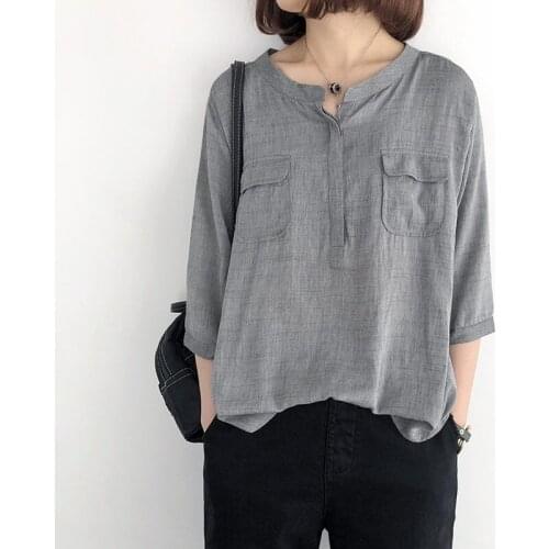 Cotton and Linen Shirt Womens Spring Summer Loose V-neck Solid Color Retro Literary Temperament Casual Large Size Top&Tee K138