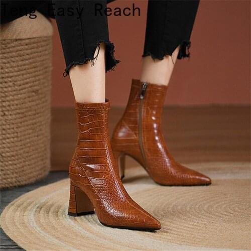 2022 New Fashion Ladies Chunky Heels Ankle Boots Elegant Boots Women Party Office Zip Pointed Toe Shoes Woman Autumn Winter