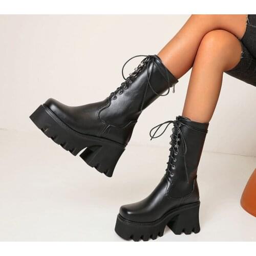 2021 Ladies PU Knight Boots Comfortable Thick Heel Platform Cross Tied Womens Shoes Autumn Winter Slim Zipper Mid Calf Boots