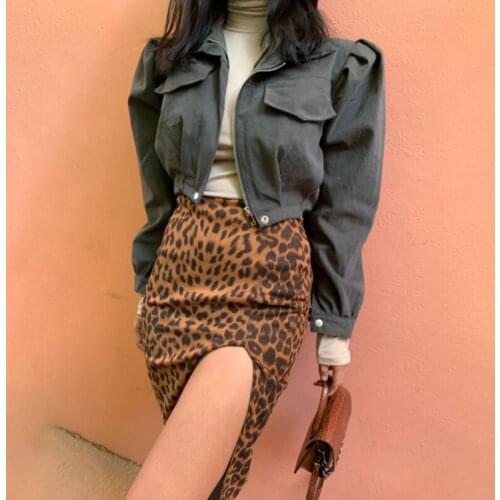 Women Leopard Split Bodycon Skirt Fashion Ladies High Waist Pencil Skirts Knee Length Autumn Spring Party Wear Female Skirts