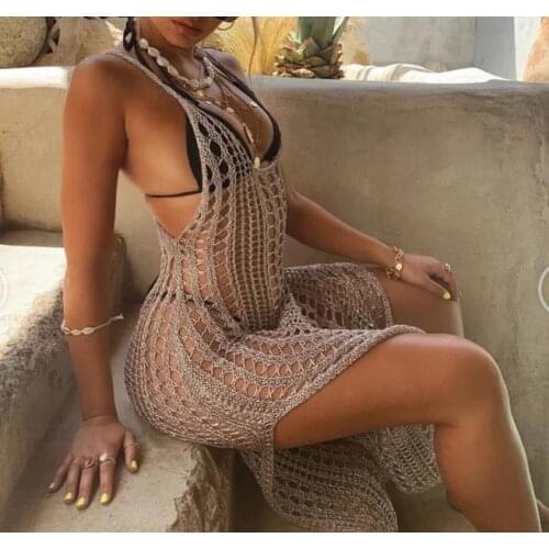 Women Knitting mesh swimwear bikini outer cover boho hollow out summer dress beach Off shoulder sexy Split Long dresses For Lady