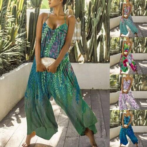 2021 Women Jumpsuit Plus Size Summer Breathable Sexy VNeck Floral Print Bohemian Halter Wide Leg Backless Boho Combinaison Femme