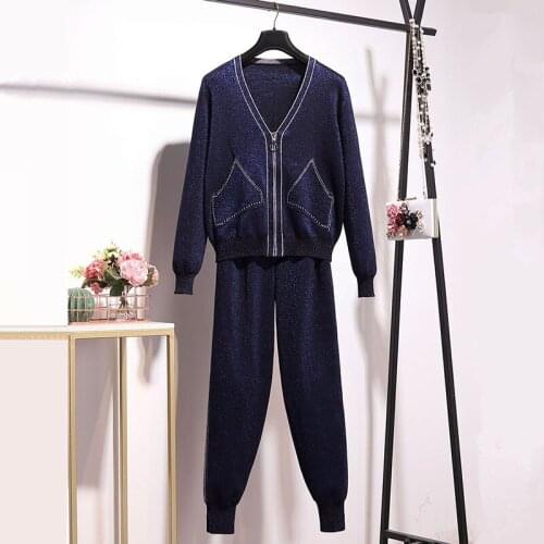 Autumn Fashion Bright silk V-neck Knit Cardigan Tracksuit Set Dark Blue Knitted Sweater Long Pant 2pc Outfits Female Casual Sets