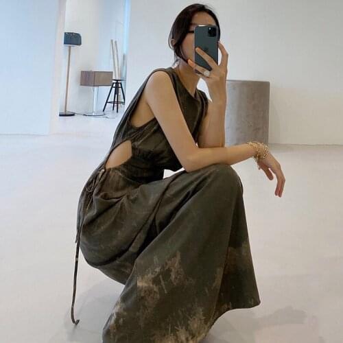 Womens Spring Summer Fashion Designer Sleeveless Hollow Out Print Dress Female Chic Casual Slim Dress TB681