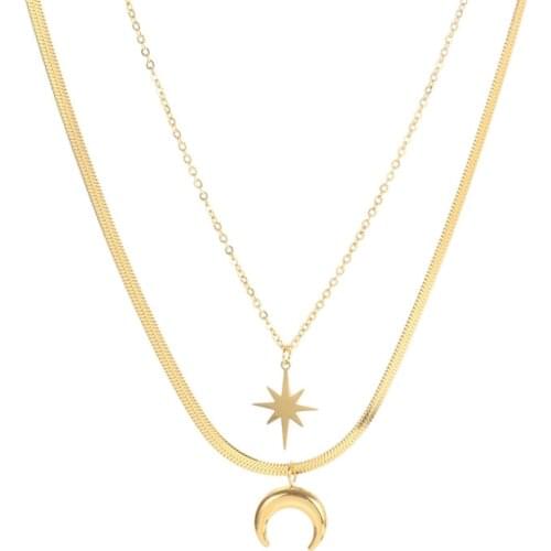 316L Stainless Steel Star Moon Pendant Charms Double Layer Snake Chain Choker Necklace For Women Fashion Fine Jewelry Party Gift