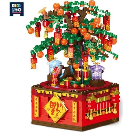 566Pcs Orange Tree Rotating Blessing Music Box Building Blocks Chinese New Year DIY Model Brick Set Toys for Children Gift