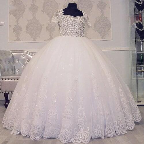 Ball Gown Glitter Pearls Crystals Flower Girl Dress for Wedding Short Sleeve Kids First Communion Dress