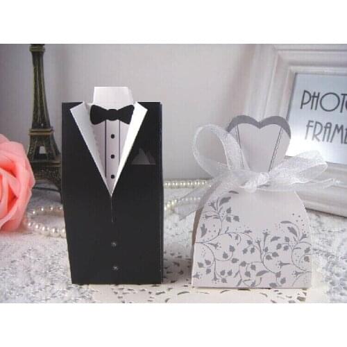 Free Shipping 100pcs/lot Promotion Creative Bride and Groom Wedding Party Candy Boxes Newest Design with Ribbon Decoration