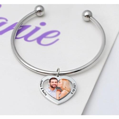 Personalized Photo Bangle,Customized Bracelet Engrave Photo Name Date,Heart Shape Picture Bangles,Anniversary Gift for Her