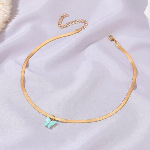 Colorful Acrylic Butterfly Pendant Necklace Gold Color Alloy Clavicle Snake Bone Chain Necklace For Women Collar Jewelry Gift