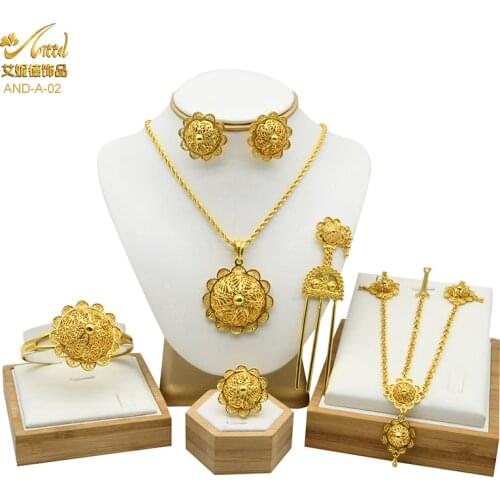 Ethiopian Jewelry Sets For Women Gold Dubai African Nigerian Wedding Necklace Bracelets Earrings Ring Headwear 6pcs Set