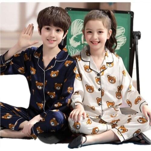Boys Girls Night Clothes Set Bear Cartoon Sleepwear Suit Long Sleeve Ice Silk Spring Autumn Childrens Pajamas Europe American