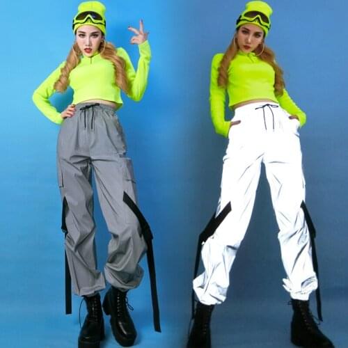 Adult Jazz Dance Costume Hip-Hop Women Rave Clothes Nightclub Dj Ds Show Clothing Reflective Overalls Pants Green Tops DNV14211