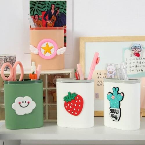 Cartoon Plastic Desktop Pencil Pen Holder Kawaii Office Desk Organizer Makeup Storage Sundries Box Stationery School Supplies