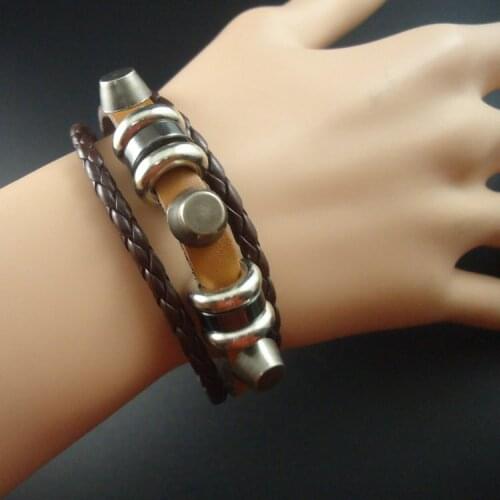 Vintage Braided Rivet Charm Brown Genuine Leather Bracelets Bangles 2016 Men Jewelry Accessories