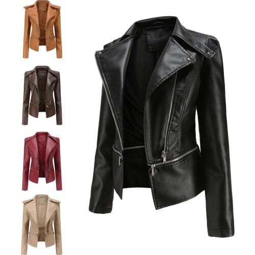 Autumn Jacket and Coats Women Faux Leather Slim Thin Long Sleeve Outwear Stand Collar Hem Remove Fashion Spring PU Jaqueta C2745