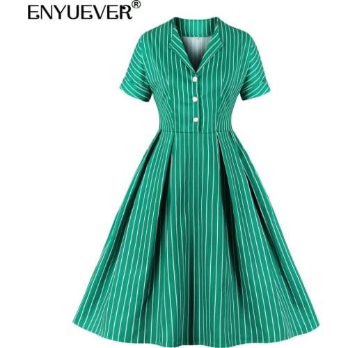 Enyuever Green Striped Dress Short Sleeve Midi Swing Pockets Elegant Femme Robe PIn Up Retro Vintage Dress For Women Clothes