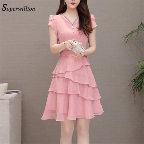 Summer Chiffon Dress Women V-Neck Solid Short Dresses Sweet Ruffle Sleeeve Slim New Casual layered Women Dress Plus Size