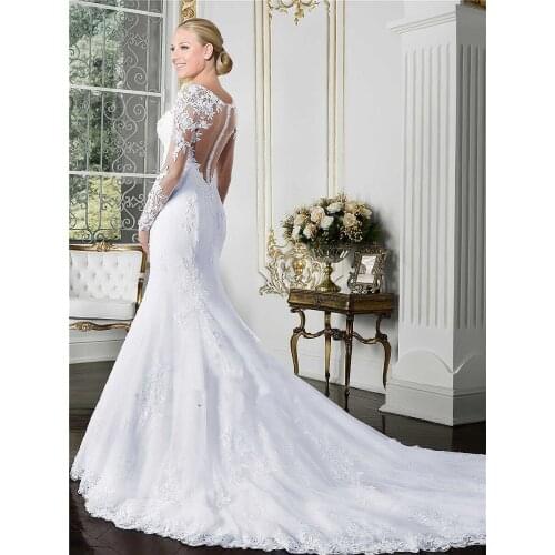 Sheer O-neck Long Sleeve Mermaid Wedding Dress 2019 See Through Illusion Back White Bridal Gowns with Lace Appliques