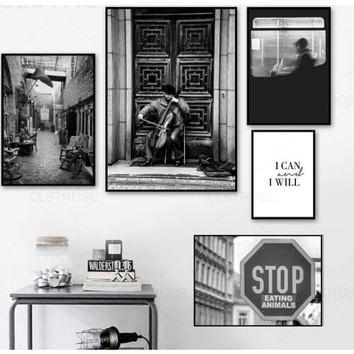 European Street Cellist Vintage Canvas Painting Landscape Black and White Retro Poster Wall Art Picture Home Decor Living Room