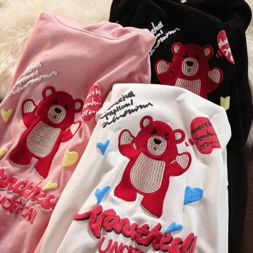Vintage Funny Bear Embroidery Hoodie Sweatshirt Women 2021 Autumn New Harajuku Casual Pullovers Oversized Hip Hop Fashion Tops