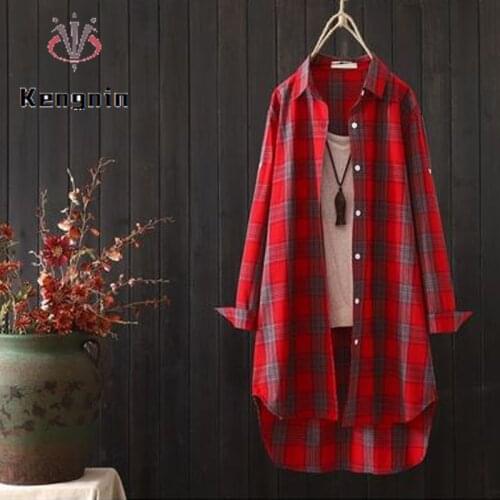 Womens Clothing 2021 Summer Women Blouse Plaid Ladies Blouse Shirts Long Sleeve Plus Size Top Women Cotton Linen Blause KN221