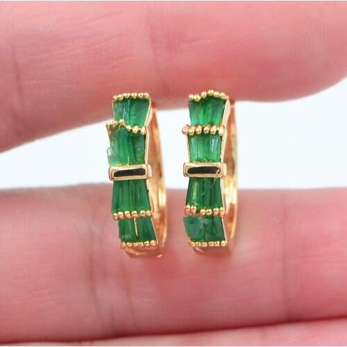 Gold Color Women Fashion Green Cubic Zirconia CZ Bowknot Huggie Hoop Earrings Jewelry