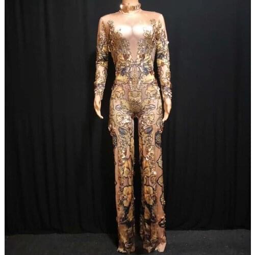 Female New Fashion Beading Printing Long Sleeves Loose Jumpsuits Women Vintage Golden Crystals Floral Stage Performance Rompers