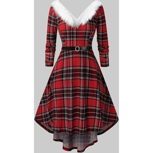 Women Christmas Santa Costume Swing Dress With Fur Collar Xmas Red Pliad Long Sleeve Evening Party Clothes Winter Dresses 5XL