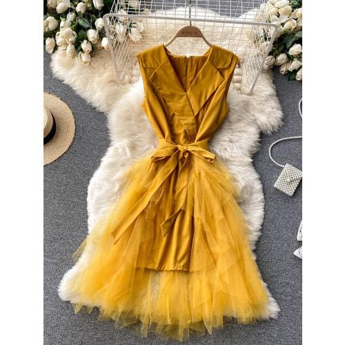 Women Yellow/Pink/Red Mesh Patchwork Dress Autumn Notched Collar Sleeveless High Waist Slim Casual Vestidos Female Elegant Robe