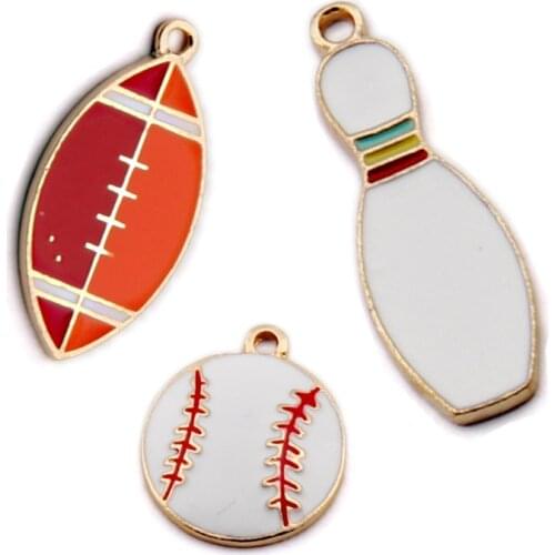 5PCS Sports Man Jewelry Enamel Rogby Bowling Baseball Sport Charms Alloy Necklace Pendants Earrings Jewelry Making Accessory New