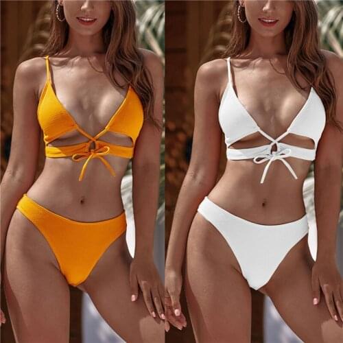 Biquini 2020 Leopard Micro Bikini Set Low Waist Swimming Suit for Women Solid Bandage Swimwear Cross Beachwear Push Up Swimsuit