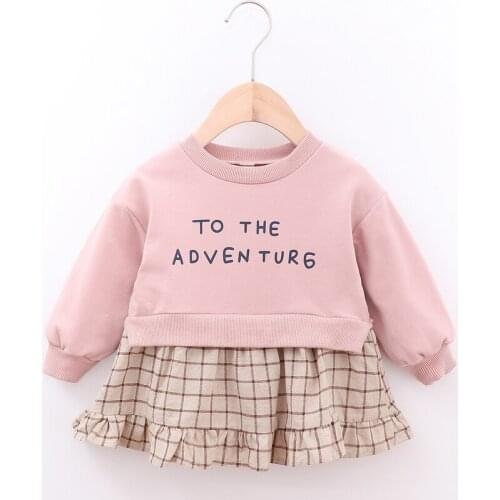 Childrens Dress 2020 Autumn New Girls Pure Cotton Alphabet Ruffle Dress Baby Girl Long Sleeved Knitting Lattice Fake Two-piece