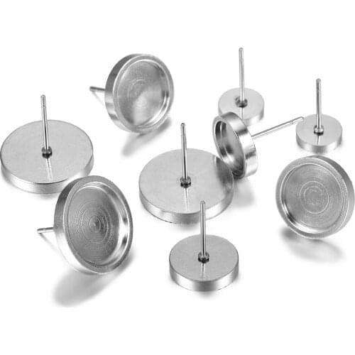 10Pcs 6-14mm Round Thicken Stainless Steel Blank Earring Base Cabochon Cameo Settings Bezel Tray for DIY Jewelry Making Supplies