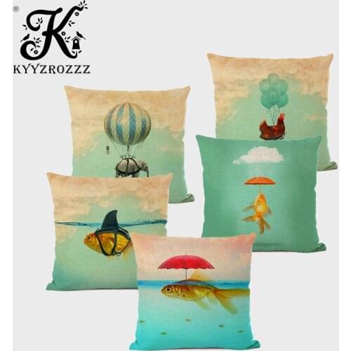 Nordic Style Marine Life Cushion Cover Drifting Goldfish Hot Air Balloon Elephant Umbrella Fish High Quality Linen Pillowcase
